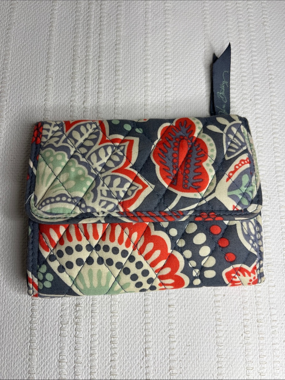Vera Bradley Gray, Orange, Green Floral tri-fold Wallet with ID holder & snap